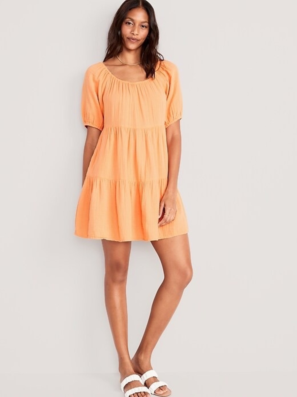 Old Navy Puff-Sleeve Tiered Mini Swing Dress M Medium Sunfish Sherbet Orange